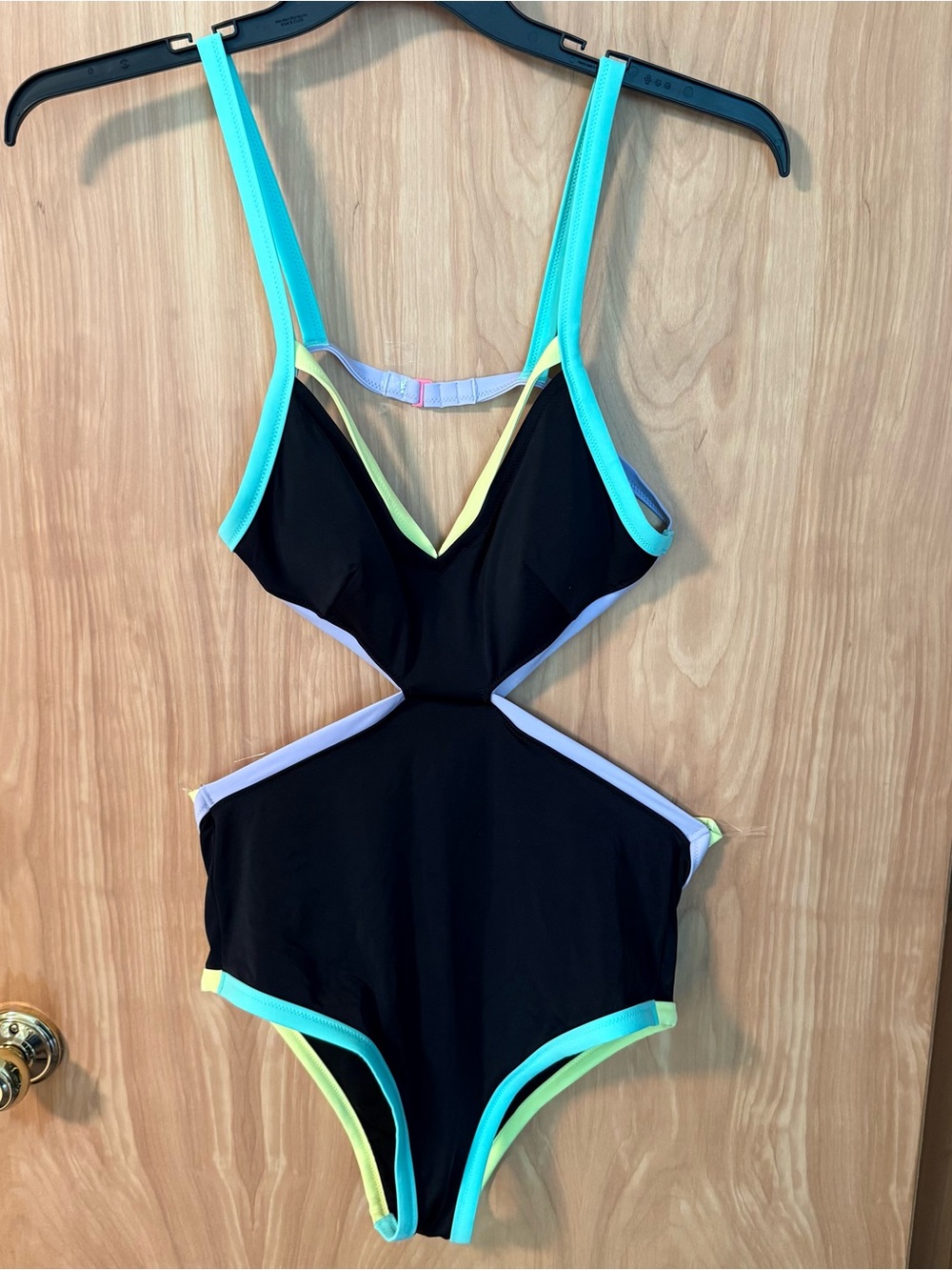 Victoria's Secret Black One-Piece Swimsuit with Aqua and Yellow Trim